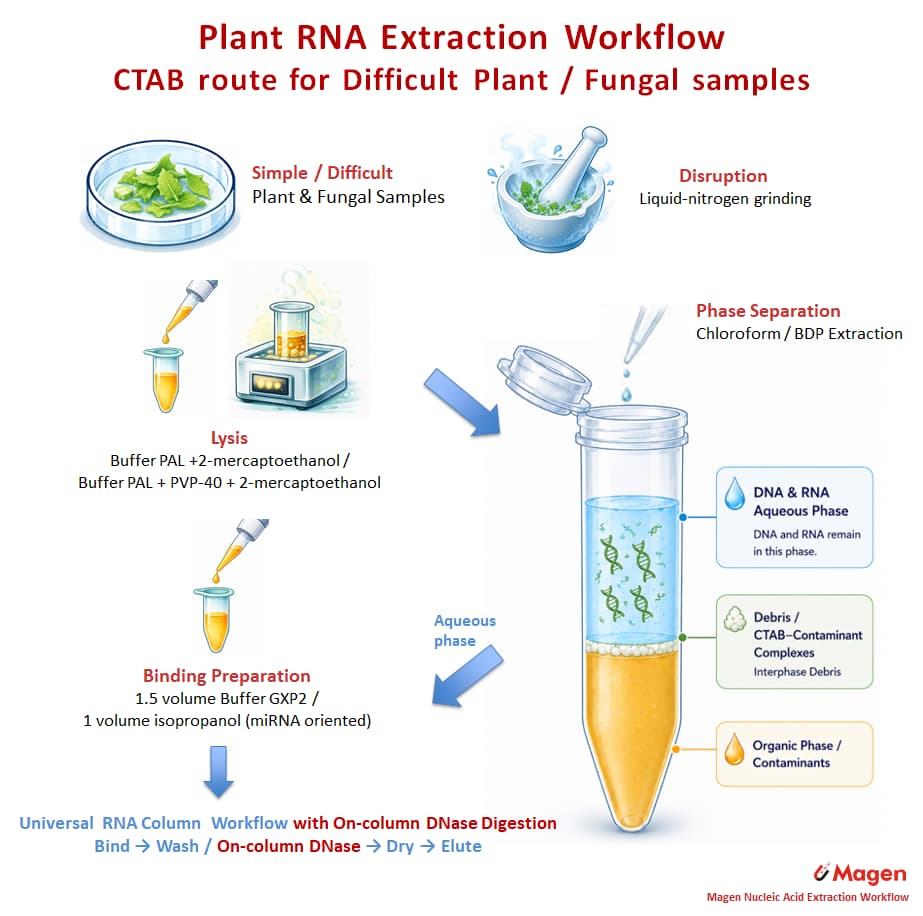 CTAB-based plant RNA extraction workflow with phase separation, RNA binding preparation, on-column DNase digestion and column purification. CTAB-based plant RNA extraction workflow with phase separation, RNA binding preparation, on-column DNase digestion and column purification.